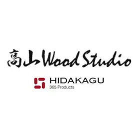 Logo combining Japanese calligraphy-style text ’Wood Studio’ with the Hidakagu company name and product count.